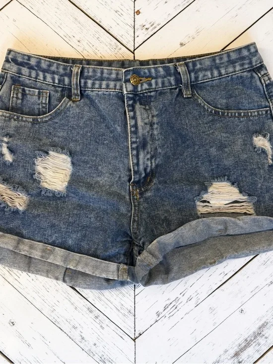 SHEIN Distressed Denim Shorts High Rise Cutoff Cuffed Blue L - Picture 1 of 5